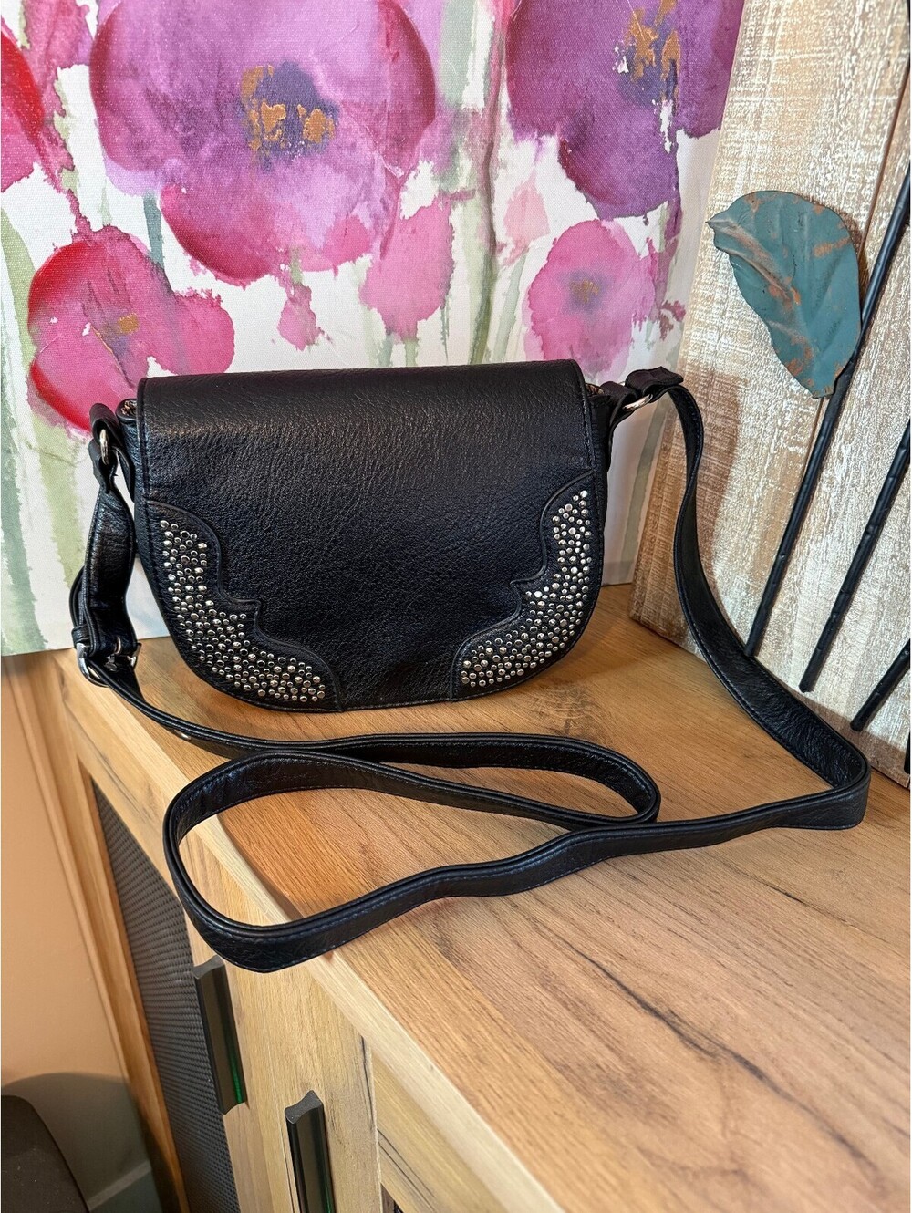 Jessica Simpson Black Faux Leather Crossbody Bag with Studs